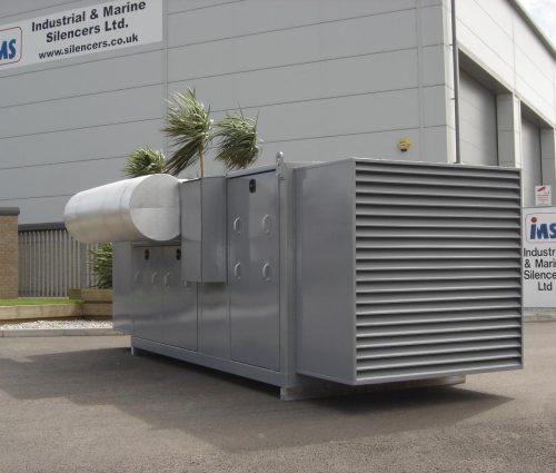 Acoustic enclosure housing a large power generator system.