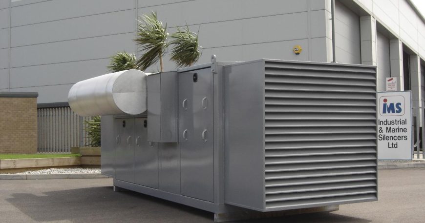 Acoustic enclosure housing a large power generator system.